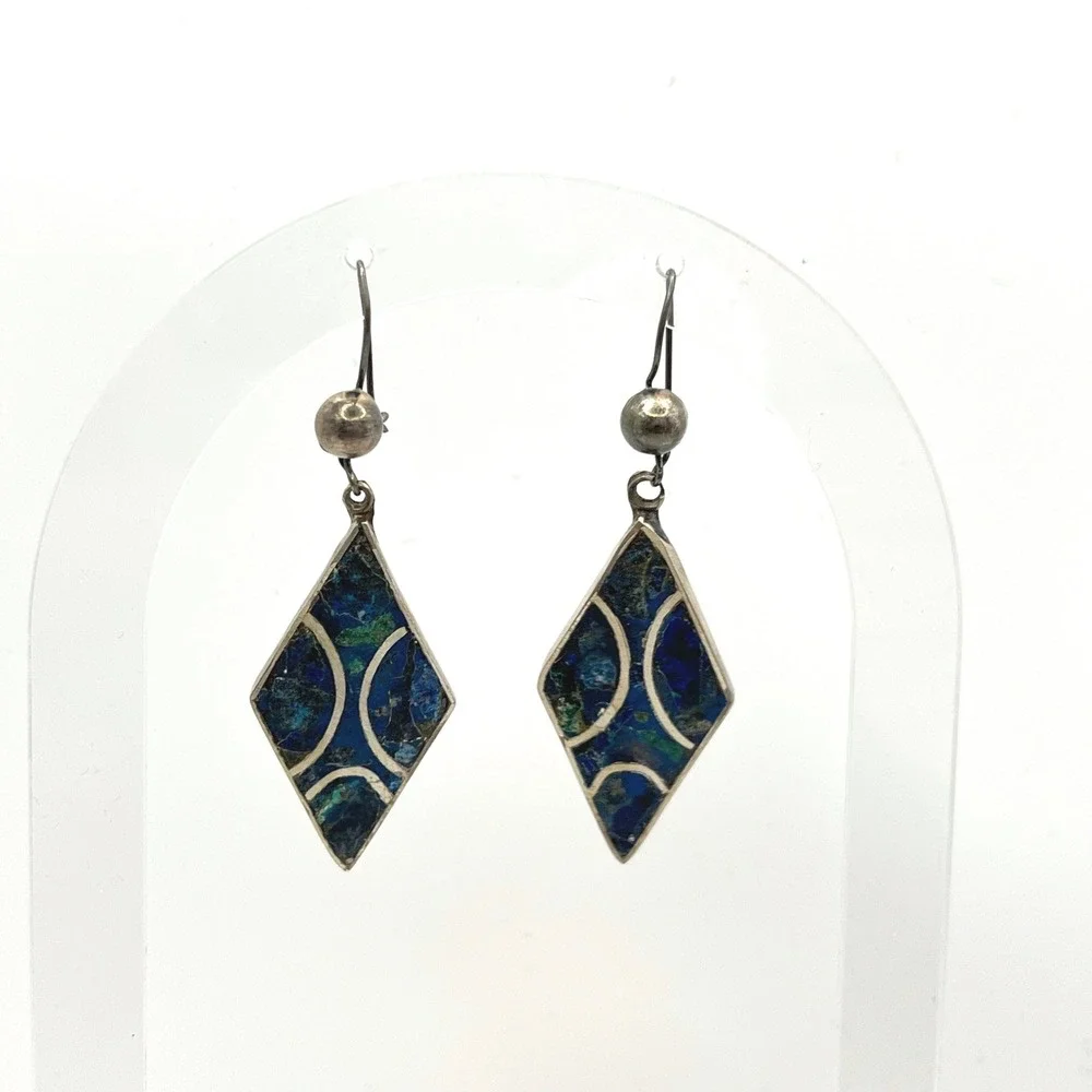 Vintage‎ Mexican Sterling Silver Azurite Malachite Inlay Diamond Drop Earrings